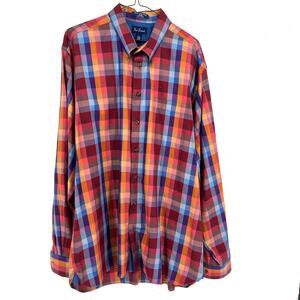 Paul‎ Fredrick Cotton XLT Red  Orange Blue Plaid Check Button Down Dress Shirt